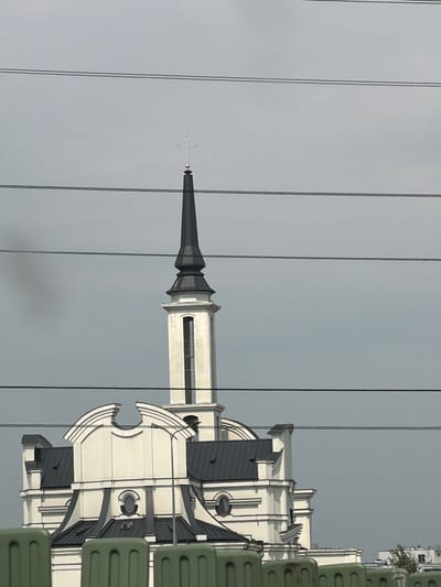 This is a medium shot, exterior, eye-level photograph of the side of a white and black church in Dybów Kolonia, Poland, under an overcast, grey sky. The church features a tall, slender steeple with a cross at its peak. The building has a complex roofline with multiple black-tiled sections and decorative white architectural elements. Several black power lines run horizontally across the frame, obscuring parts of the sky and the upper portion of the church. In the foreground, a blurred green barrier, possibly a fence or railing, is visible. The overall scene is devoid of people or discernible activity, presenting a static architectural view.