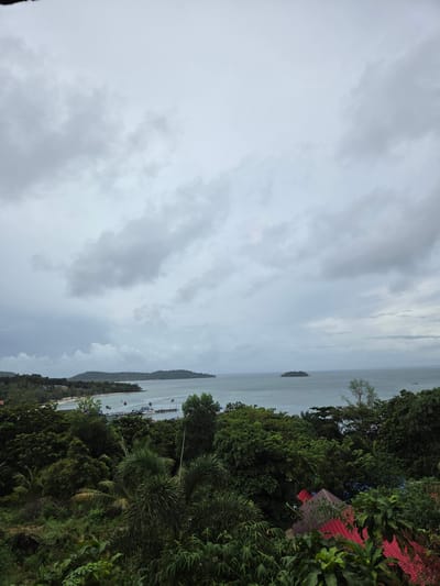 This is an overcast, high-angle shot of a tropical coastline from Koh Toch Village, Cambodia. The foreground is dominated by dense, lush green foliage, including palm trees and other tropical plants, with glimpses of red-tiled roofs of buildings visible beneath the vegetation.
Beyond the vegetation, a tranquil bay unfolds. The water is a muted gray-blue, reflecting the cloudy sky. A long pier with several docked boats stretches out into the water. Along the shoreline, a sandy beach is visible, backed by a strip of greenery and scattered buildings.
In the distance, several small, tree-covered islands dot the horizon. The sky is filled with heavy, gray clouds, suggesting an impending storm or recent rainfall. The overall impression is one of natural beauty and coastal serenity, characteristic of Southeast Asia. No people are clearly visible in the image.