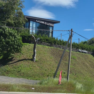 The image depicts an outdoor scene in Yanino-2, Russia, featuring a modern building with large windows on a grassy hillside. A sign above the windows reads "КРОЛИК В ШЛЯПЕ" (Rabbit in a Hat) in white lettering. Below the building, a wooden fence runs along the slope. In the foreground, a barren tree trunk stands upright. A concrete utility pole with electrical wires is prominent to the right, and a small pink flag or banner with Russian text, possibly "БАНКЕ" (Banke), is visible near its base amongst tall grass. The environment is characterized by a bright blue sky with scattered clouds, a green hillside covered in grass and some bushes, and a paved area or road at the bottom of the frame. A separate sign reading "РЕСТОРАН" (Restaurant) is visible on the fence in the middle ground. The overall scene is one of a business establishment situated in a semi-rural or suburban setting.