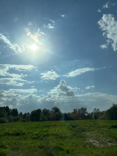The image shows a bright, sunny sky with scattered clouds over a green landscape. The sun is prominent, emitting a bright glare. The clouds vary in shape and size. A line of trees separates the sky from a grassy field. The image is taken from Kvarsa, Russia.