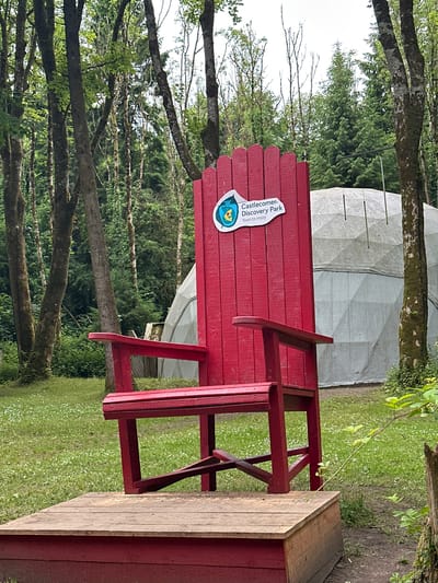 An oversized red wooden Adirondack chair stands on a wooden platform in front of a geodesic dome structure. A sticker on the back of the chair reads "Castlecomer Discovery Park Yours to enjoy." The chair is set in a grassy area with trees and foliage in the background. The scene appears to be in a park or recreational area in Castlecomer, Ireland.