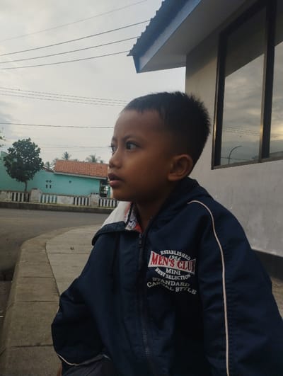 A young boy with short, dark hair is the central subject of the image, depicted in a medium close-up, looking intently towards the left side of the frame. He appears to be sitting or crouching outdoors, wearing a dark blue zippered jacket. On the jacket's chest, white and red text reads: "ESTABLISHED 1954 MEN'S CLUB MINI BEST SELECTION STANDARD CASUAL STYLE." A white and patterned collar is visible underneath. His expression conveys curiosity or contemplation.
The scene is an outdoor setting, likely a residential street in Kecamatan Jangkar, Indonesia. The sky is overcast, indicating a soft, diffused light, possibly during the early morning or late afternoon. Power lines are visible stretching across the cloudy sky. In the background on the left, a distinct green tree stands next to a light blue house with a red-tiled roof. More distant trees, resembling palms, are also present. To the right, part of a light-colored building with a blue roof overhang and a window reflecting the sky is visible. The foreground features a concrete curb and sidewalk, beyond which a road and a green railing or fence can be seen.
