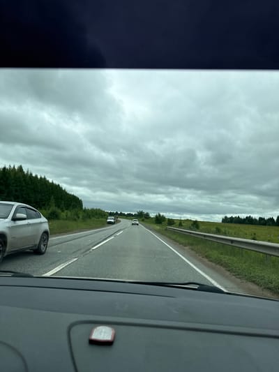 The image is a first-person perspective from inside a vehicle driving on a two-lane asphalt road. The road is wet, indicating recent rain. The sky is overcast with dark, heavy clouds. On the left side of the road, there is a dense evergreen forest. On the right side, there is a grassy field with a metal guardrail running alongside the road. Several vehicles are visible on the road, including a silver SUV in the foreground on the left, and other cars further ahead in the distance. The dashboard of the vehicle is visible in the bottom of the frame, with a small red and white object on it. The overall scene suggests a journey through a rural or semi-rural area under cloudy weather conditions. The location is identified as Staroye Martynovo, Russia.