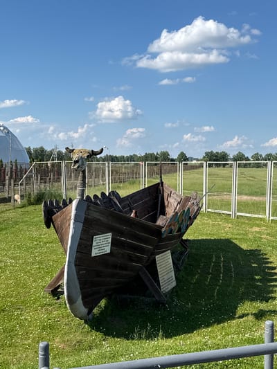 In the city of Буйніцкі сельскі Савет, Belarus, a wooden replica of a Viking ship, adorned with a dragon's head at the bow, rests on a grassy field under a partly cloudy blue sky. The ship is positioned to the right of the frame, tilted slightly on its side, revealing its weathered wooden planks and some decorative shields attached to its sides. A white sign, presumably informational, is affixed to the ship's hull. In the background, a white geodesic dome structure is partially visible to the left, and a white fence encloses a grassy field with scattered trees beyond. The scene is illuminated by bright daylight, casting a distinct shadow from the ship onto the grass. The overall environment appears to be an outdoor exhibition or park.