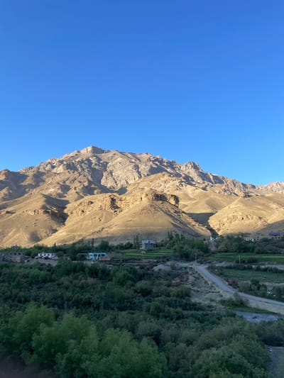 The image depicts a mountainous landscape with a clear blue sky. In the foreground, there is a dense patch of green foliage. Behind this, a small village is visible, with several houses nestled amongst trees and greenery. A dirt road winds through the village and up towards the mountains. The mountains themselves are rocky and appear arid, with shadows cast by the low-angle sunlight, suggesting it is either early morning or late afternoon. The overall scene is serene and rural, characteristic of a high-altitude region.