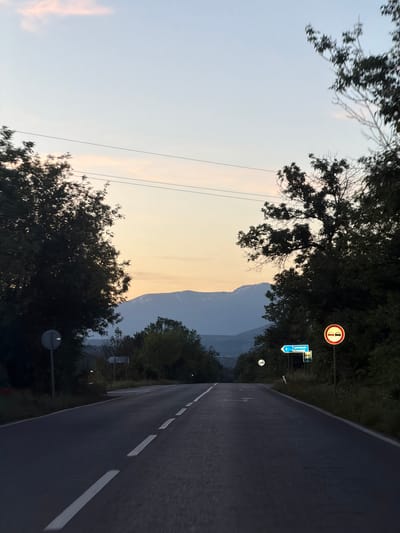 The image shows an asphalt road with white dividing lines leading towards mountains under a sky transitioning from blue to a pale orange/yellow gradient, likely at dusk. The road is bordered by trees and greenery on both sides. A road sign indicating no overtaking is visible on the right side of the road. Further down, another sign with "T. Chiflik Tarnovlak" and an arrow pointing left is mounted below another, obscured sign. The location is presumed to be near Novi Chiflik, Bulgaria, based on the sign information. Power lines stretch across the left side of the sky.