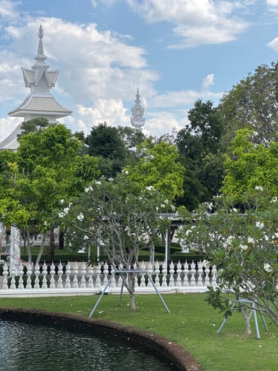 The image depicts a section of the White Temple (Wat Rong Khun) in Chiang Rai, Thailand. The scene is dominated by the temple's distinctive white architecture, characterized by intricate spires and elaborate decorative elements. In the foreground, a white, ornate fence lines a manicured green lawn. Trees with lush green foliage and delicate white flowers are interspersed throughout the scene, some with bare branches reaching towards the sky. A body of dark, rippling water is visible on the right side of the frame, bordered by a dark edge.
The sky is a vibrant blue, dotted with fluffy white clouds, suggesting a bright and clear day, likely late morning or afternoon given the lighting. The overall atmosphere is serene and picturesque, highlighting the temple's architectural beauty and its integration with the natural surroundings. No people are visible in the frame, emphasizing the tranquil and contemplative nature of the location. The image is oriented vertically, with the top of the frame showing the sky and the bottom showing the lower parts of the temple structures.