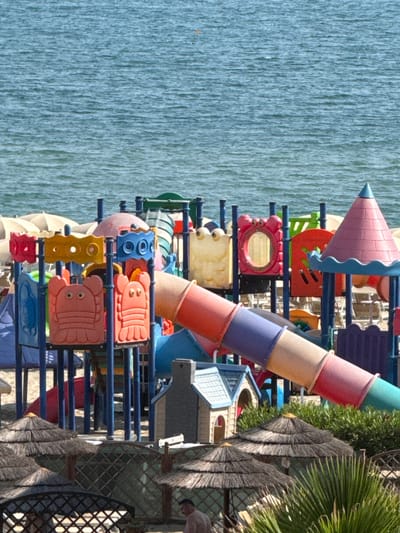 The image depicts a vibrant, multi-colored children's playground situated on a sandy beach in Rimini, Italy, with the Adriatic Sea forming the backdrop. The playground features various plastic structures, including slides, tunnels, and climbing elements, designed with playful shapes and bright colors. Prominent elements include a large tubular slide with segments of red, purple, and tan, a pink conical tower with a blue trim, and structures resembling cartoonish lobsters with large eyes. In the foreground, thatched umbrella-shaped sunshades and fencing are visible, suggesting a resort or public beach area. The sea is a calm blue, with gentle ripples on its surface. The sky is not visible in the frame. The scene is set during daylight hours, with clear weather conditions. No specific actions or interactions between people are observable, though a single male figure is partially visible in the lower right corner of the frame, near the thatched umbrellas.