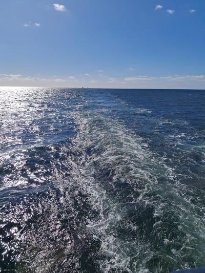 The image shows a view of the sea and sky. The left side of the frame features a clear blue sky with a few scattered white clouds. The right side is dominated by the deep blue waters of the sea. Sunlight reflects off the water's surface, creating a glittering effect. White foam and turbulent water indicate movement, possibly caused by a boat. The location is likely Skagen, Denmark, considering its coastal location.