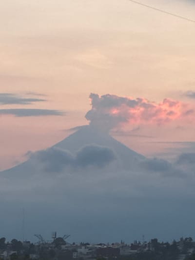 This photograph captures a majestic volcanic eruption viewed from the city of San Francisco Totimehuacán, Mexico. A prominent volcano dominates the center of the frame, its peak partially obscured by a voluminous cloud of ash and smoke. The erupting plume is illuminated by the soft hues of a sunset, casting vibrant pink and orange tones across the sky. The lower slopes of the volcano are shrouded in a layer of thick, ethereal clouds, giving the impression of it emerging from a mystical realm. Below the volcanic spectacle, the cityscape of San Francisco Totimehuacán unfolds. Buildings and structures are faintly visible through the atmospheric haze, suggesting a residential or urban area. The foreground of the image showcases a dense arrangement of trees and other foliage, hinting at the natural landscape surrounding the city. The overall scene is one of dramatic natural power juxtaposed with the quiet presence of human habitation.