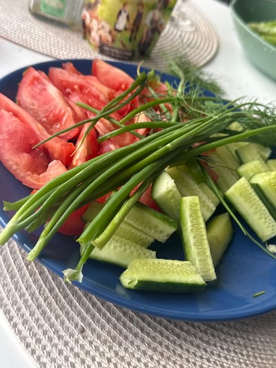 A close-up, overhead shot displays a dark blue plate filled with chopped vegetables, resting on a light-colored woven placemat. The plate holds sliced ripe tomatoes, pieces of cucumber, a bundle of green onions, and sprigs of dill. The vegetables appear to be prepared for a meal or a salad.

In the background, a portion of another light-colored container is visible, containing what looks like more chopped cucumbers. To the left of the plate, a small rectangular object with blurry images and text is partially visible. This object seems to be a food packaging or label.

The setting appears to be an outdoor or well-lit indoor environment, possibly a dining area. The overall impression is one of a fresh, simple preparation of ingredients. The lighting suggests it's daytime. No specific emotions are conveyed, and the focus is on the food. The text on the packaging is illegible due to blurriness and resolution. The context provided is "Северянин Снт, Russia," suggesting a possible location.