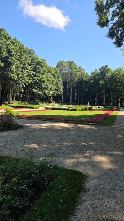 The image depicts a sun-drenched garden pathway in Palanga, Lithuania. The pathway, composed of fine gravel, is partially shaded by dappled sunlight filtering through unseen trees. To the left of the pathway, a meticulously maintained garden unfolds. It features vibrant green lawns bordered by a dense line of small, pink flowers, creating a striking contrast against the emerald grass. Further into the garden, rows of trees, some tall and slender with dark trunks, others with fuller, lush canopies, form a verdant backdrop. In the distance, a hint of sculptural elements and manicured hedges suggests a formal garden design. The sky above is a brilliant blue, punctuated by a single, fluffy white cloud. The overall impression is one of a peaceful, well-kept outdoor space on a clear, warm day. The time of day appears to be late morning or early afternoon, given the strong sunlight and the shadows cast on the path. There is no visible text in the image.
