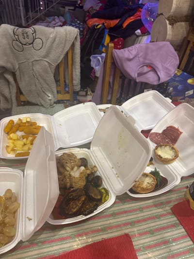 Stacked open takeout containers display various foods. One container holds sliced meats and filled pastry shells. Another contains roasted vegetables and pieces of fish. A separate container presents cubed apples and chicken strips. Grapes are in the final container. These sit on a striped surface. To the side is a purple face mask and a Mickey Mouse robe draped on a chair. Other assorted items fill the background.