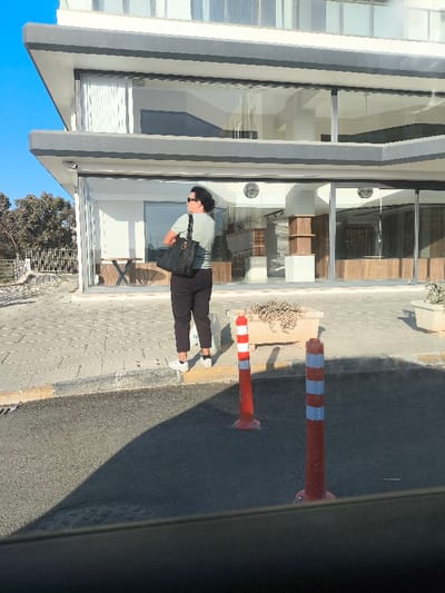 A single individual, appearing to be an adult female, stands on a paved sidewalk in Gonyeli, Northern Cyprus / Cyprus. She is positioned with her back partially to the camera, looking towards the left side of the frame, and wears a light-colored short-sleeved top, dark trousers, and white sneakers. A dark, possibly textured, handbag with a gold-toned circular accent hangs from her left shoulder, and she wears dark sunglasses.

The individual stands in front of a modern, multi-story building characterized by a clean, minimalist design with a flat roof and prominent dark gray horizontal bands separating white sections. The building features extensive glass facades on both the ground and upper levels. Through the ground-floor windows, interior elements are visible, including a table with an X-shaped base, wooden display units, and circular wall decor. The upper floors also incorporate glass railings.

To the left of the building, beyond a metal fence, is an area with trees and natural vegetation. The immediate foreground consists of an asphalt road, partially shaded. Two orange-red flexible traffic bollards with reflective white stripes are placed on the asphalt near the curb; one displays stark white stripes, while the other's stripes appear faded or blue-tinted. On the sidewalk, two rectangular concrete planters are visible; the one closer to the subject contains sparse, dry vegetation. The scene is brightly lit by sunlight, casting sharp shadows, and a clear blue sky is visible at the top left. A dark, out-of-focus horizontal bar in the lower foreground suggests the image was captured from inside a vehicle.