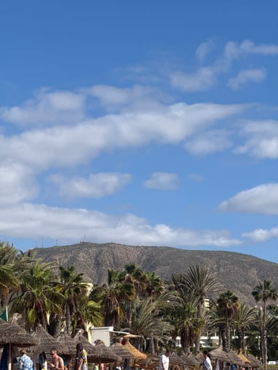 A sunny sky dotted with cumulus clouds forms the backdrop to a coastal scene. A dark, rocky mountain rises behind palm trees and beach umbrellas. People are scattered along the beach and near the umbrellas, enjoying the outdoors. The horizon line is marked by the contrast between the blue sky and the dark mountain.
