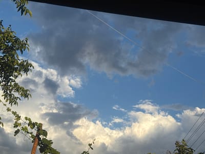 This is an eye-level, wide shot of a sky filled with a mix of fluffy white clouds and darker, more ominous gray clouds, suggesting a dynamic weather system. The sky is a vibrant blue in the clearer patches between the clouds. In the foreground, on the left side of the frame, are the branches of a tree with lush green leaves, and further down, a vine is growing on a rustic, weathered wooden post. On the right side of the frame, several dark electrical wires stretch diagonally across the sky. A dark, horizontal object, possibly an overhang or roof, frames the top of the image. The lighting suggests it is late afternoon or early evening, with the sun casting a warm glow on the white clouds. The overall mood is one of natural beauty, with a hint of dramatic weather. No people are visible, and there is no visible text. The setting is outdoors, likely in a rural or semi-rural area, given the presence of trees, vines, and electrical wires. The location is Miriantsi, Bulgaria.