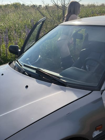 A person wearing a bikini top and bottoms stands near the open driver's side door of a silver car parked in a field of tall grass and purple flowers. The person's back is to the camera as they reach into the car. The car's windshield and hood are visible in the foreground, and the surrounding landscape is a natural environment with a clear sky. The image does not contain any information about the location in the city of Поваровка, Russia.