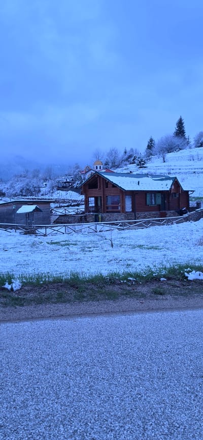 This image captures a serene winter landscape in Stoikite, Bulgaria. The primary subject is a rustic wooden log cabin, situated in a snow-covered field under a soft blue sky. The cabin features a dark-colored roof, possibly green, and multiple windows, some adorned with dark green shutters. A wooden or metal fence runs in front of the cabin, separating it from the foreground.

Beyond the main cabin, further into the scene, another structure with a distinctive golden dome is visible, suggesting a religious building or chapel. The background features more snow-dusted evergreen trees and rolling hills, contributing to the wintry ambiance. The ground is largely covered in a fresh layer of snow, with sparse patches of green grass peeking through, particularly along the edge of the path.

In the foreground, a gravel road or path occupies the right side of the image, contrasting with the snow and grass. No people are visible, and there is no specific activity taking place, giving the scene a quiet and tranquil feel. The lighting is diffused and cool-toned, indicative of an overcast winter day or perhaps early morning/late afternoon, without harsh shadows. The overall impression is one of peaceful, natural beauty in a remote setting. No visible text is present in the image.