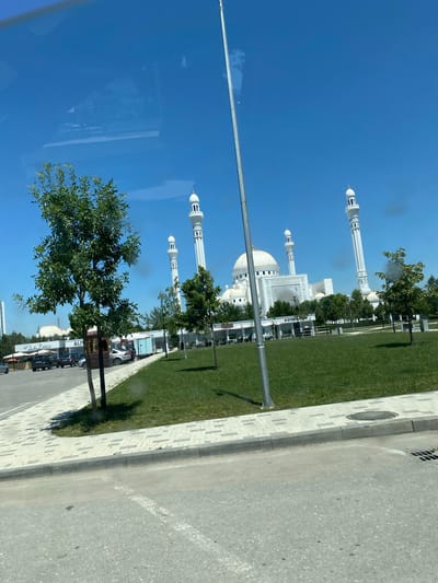 In Shali, Russia, a large, white mosque with multiple domes and minarets stands prominently against a clear blue sky. The mosque complex is surrounded by a meticulously maintained green lawn and paved walkways. Several trees are scattered throughout the grounds, with one particularly lush tree in the foreground. A gray metal pole, possibly a lamppost, is situated centrally in the frame, slightly obscuring the view of the mosque. To the left of the mosque, a paved parking area is visible, with several cars parked and a few small buildings that appear to be commercial establishments. The scene is captured from a slightly elevated perspective, suggesting the photograph was taken from a vehicle or a raised platform. The lighting indicates it is daytime, with bright sunlight casting shadows.