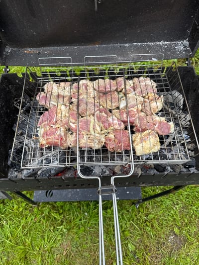 The image shows a close-up, top-down view of a barbecue grill filled with marinated meat and onions. The grill is set over hot coals, some of which are glowing red. The meat appears to be pork, cut into bite-sized pieces and arranged in a single layer on a metal grate. Some pieces of onion are interspersed with the meat. The grill itself is black metal and is situated outdoors on a patch of green grass. The background is slightly blurred, but suggests a natural setting, possibly a backyard or park. The location is identified as Подолино Ст, Russia. There are no people visible in the image. The scene depicts food preparation in an outdoor setting.