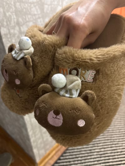 The image shows a close-up of a pair of fuzzy brown bear slippers held by a person's hand. The slippers have embroidered bear faces with pink cheeks and noses, and one slipper has the word "MORE" stitched on it in pink and orange letters. The slippers are fluffy and appear to be designed for warmth. The background consists of a textured wall and a striped carpet. The scene is indoors, and there is no visible indication of the city of Pohreby, Ukraine.