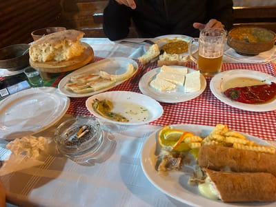 The image depicts a dining table set for a meal at an establishment located within Despotovac Municipality, Serbia. The table is partially covered by a red and white checkered tablecloth and a white embossed tablecloth. A dimly lit, warm indoor environment is indicated by the background.
The torso and hands of at least one individual, wearing a dark jacket, are visible in the upper portion of the frame, with one hand interacting with the table.
Numerous food and beverage items are present. These include:
- A large, rustic loaf of white bread, partially torn, resting on a wooden stand.
- A clear glass mug filled with light-colored beer.
- A small glass containing a clear liquid.
- A white plate with several rectangular slices of white cheese.
- A white plate holding roasted red peppers submerged in a liquid.
- A white oval plate with slices of a white root vegetable, possibly seasoned with red spice.
- A white oval plate containing partially consumed pickled green peppers in liquid.
- A white plate with a yellow stew or puree, accompanied by a fork.
- A brown ceramic bowl containing a stew or soup.
- A white plate featuring two breaded, fried rolls, one cut open to reveal a creamy filling, served alongside french fries, an orange slice garnish, and some consumed meat/bone fragments.
- An empty white plate in the foreground.
Additionally, a glass ashtray containing two cigarette butts and ash is present, next to a crumpled white paper napkin. A white and blue pack of "WINSTON" cigarettes is also visible on the table. The scene indicates active consumption of food and beverages, along with smoking.