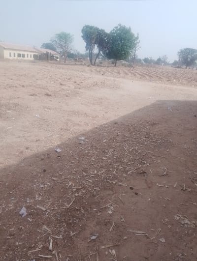 The image displays an outdoor scene in Kanwa, Nigeria, under a hazy, pale-gray sky. The foreground consists of dry, reddish-brown earth, heavily scattered with wood shavings, splinters, and fragments of white plastic debris. A distinct, diagonal shadow line extends from the lower right corner across the ground. The midground features a large expanse of uncultivated, light-brown soil, transitioning on the right side to a field with discernible parallel furrows. In the background, to the left, a single-story building with a light-colored facade and a reddish-brown roof stands, featuring multiple rectangular window openings. A smaller, darker structure is partially visible behind it. Several trees are present in the background: a light-green tree stands near the building, and two tall trees with dense, dark foliage are centrally located. Additional scattered trees and bushes line the horizon. No individuals are clearly visible, and no actions or interactions are discernable.