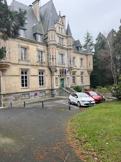 The image presents an exterior view of a multi-story, ornate stone building located in Bagnoles de l'Orne Normandie, France, under an overcast sky. The building, constructed with a light beige facade and reddish-brown architectural detailing, features multiple turrets with pointed dark grey slate roofs, numerous white-framed windows, and several chimneys. A central entrance, accessible via a stone staircase with railings, has green double doors. Above this entrance, three flags are displayed: the French national flag, a red flag with a yellow cross, and the European Union flag. The building's lower section includes a visible stone plinth with smaller rectangular windows.
In the foreground, an asphalt driveway or parking area is present, strewn with fallen pine needles and small debris. A series of black bollards connected by chains demarcates a section of this area. A circular red no-parking sign is affixed to the building's facade near the ground level. Two vehicles are parked on the right side of the driveway: a white five-door Renault Clio hatchback, with a partially visible French license plate (DR-479-DD), is in the immediate foreground, followed by a red five-door hatchback parked behind it and partially obscured by green shrubbery. The right side and background of the scene are densely populated with evergreen coniferous trees and some bare deciduous trees. A strip of green grass separates the driveway from the wooded area on the right. No individuals, actions, or interactions are visible in the scene.