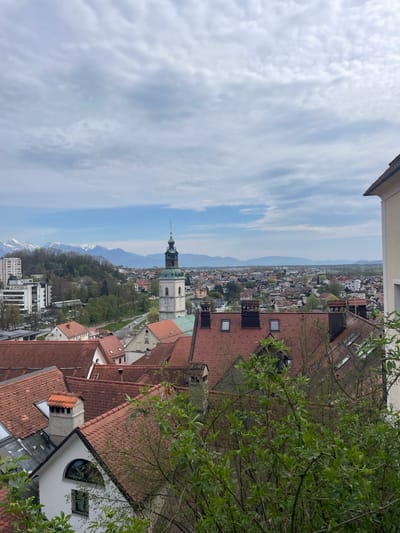 The image presents an elevated, panoramic view of Škofja Loka, Slovenia. Predominantly, terracotta-tiled rooftops of buildings are visible, interspersed with patches of greenery and trees. In the distance, a mountainous landscape stretches across the horizon, with some snow-capped peaks. The sky is partly cloudy. A prominent church tower with a spire dominates the cityscape. The perspective suggests the photo was taken from a higher vantage point, potentially a castle or elevated terrain overlooking the town.