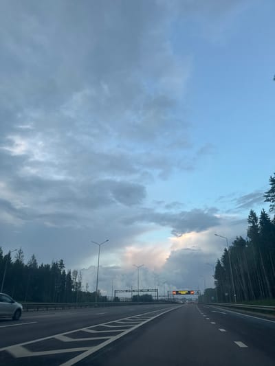 The image depicts a view of a highway with a dense forest bordering both sides. The sky is overcast with dramatic clouds, suggesting an impending storm or recent rainfall. There are streetlights lining the highway and overhead gantries with digital signs. The road itself is asphalt with white lane markings. A silver car is visible in the left lane, moving away from the camera. In the distance, there are additional overhead structures and trees. The location appears to be on a highway within or near the city of Shchyolkovo, Russia, given the context provided. The overall atmosphere is somber due to the cloudy weather and the imposing presence of the forest.