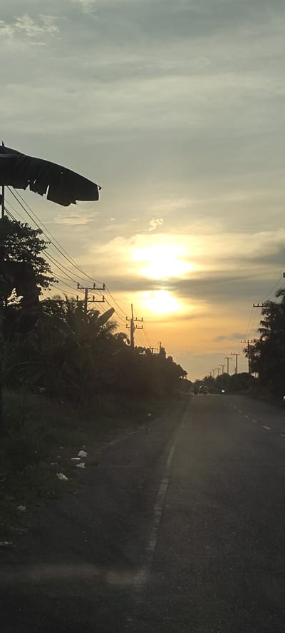 Captured at dawn or dusk in Kruengseupeng, Indonesia, the image presents a linear perspective of an asphalt road stretching into the distance. The road's surface, marked with a broken white line, leads toward a blurred cluster of vehicles near the horizon. Power lines are strung along the road's edge, supported by utility poles. Dense foliage and underbrush crowd the roadside, interspersed with litter. The sky is a blend of gray and orange hues, illuminated by the sun. A tattered banana leaf overhangs the scene on the left.