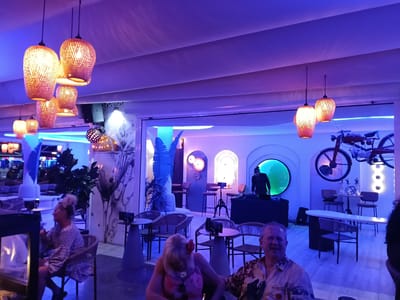 A nighttime scene in a bar setting in Playa Del Inglés, Spain. There are five patrons and one DJ. The DJ stands behind his equipment in the center of the image. The interior of the bar features several seating areas with small tables and chairs. Decorative lighting fixtures hang from the ceiling. A decorative motorcycle hangs on the wall. The interior design includes arched doorways and artistic wall features. The overall color tone is blue and purple.