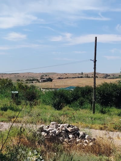 In a rural landscape near Kangli, Uzbekistan, a wooden utility pole stands prominently on the right side of the frame, supporting overhead wires that stretch across the scene. The ground in the foreground is covered with dry grass and a pile of light-colored stones. Beyond this, a dense line of green bushes and trees runs horizontally. Further in the background, rolling hills are covered in dry, golden grass with scattered patches of green vegetation and a few trees. A small, light-colored building is visible in the middle ground, nestled amongst the greenery. The sky above is a clear blue with scattered white clouds.