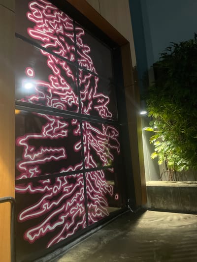 The image shows a large window with a dark background and a pink and white abstract design. The design appears to be made up of flowing, organic shapes, reminiscent of topographical lines or branching patterns. The window is framed by dark metal mullions, dividing it into a grid of four panes. To the right of the window, there is lush green foliage, illuminated by a bright outdoor light. The ground in front of the window is concrete. The architectural style and the presence of dense greenery suggest an urban setting, possibly a modern building in a city with a warm climate. The lighting indicates it is nighttime. Based on the visual cues, this scene is consistent with an outdoor area in Brisbane, Australia.