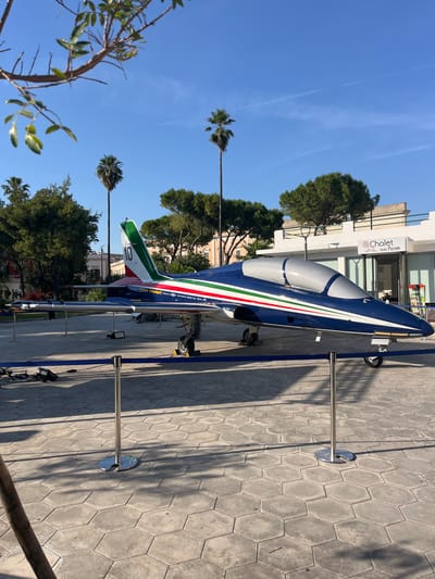 The image captures an Aermacchi MB-339PAN, a jet aircraft used by the Frecce Tricolori, the aerobatic demonstration team of the Italian Air Force, displayed on a hexagonal-patterned paved area in Galatina, Italy. The aircraft is painted in the Frecce Tricolori's distinctive blue, white, and green livery. It is mounted on metal stands, and a blue rope barrier surrounds it.
Behind the aircraft, there are trees, a building with a sign that reads "Chalet delle Rose", and clear blue sky with palm trees.
The scene is bathed in sunlight, casting shadows across the pavement.