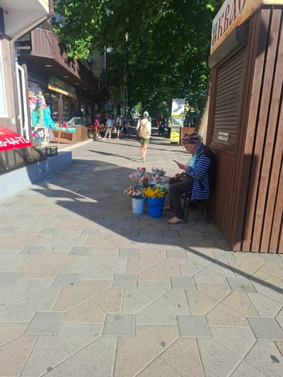 In Krasnaya Skala, Russia, on a paved sidewalk under leafy trees, an elderly woman with grey hair, wearing a striped blue and white jacket over a lighter blue top, dark pants, and sandals, sits on a stool next to a wooden kiosk. She is looking at her mobile phone. In front of her, on the ground, are two buckets of flowers: one blue bucket with yellow flowers and another blue bucket with red and pink flowers. The sidewalk is paved with geometric-shaped grey and beige tiles. Behind her, people walk along the sidewalk, and shops line the street. A red sign is partially visible in the foreground.