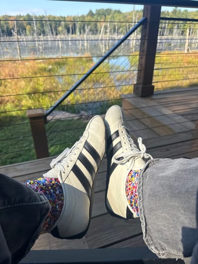 The image captures a low-angle view from a wooden deck in Otego, United States, focusing on a person's feet against a natural backdrop. The subject wears light-colored Adidas sneakers with three black stripes and multi-colored, textured socks peeking above the shoe line. Dark grey denim pants are visible around the ankles. The feet rest near or on horizontal wooden deck planks. Directly behind the feet, a dark metal cable railing system and a wooden post are visible. Beyond the railing lies a body of water, possibly a swamp or pond, characterized by numerous slender, bare or sparsely leafed trees standing within it. Patches of green and reddish-brown marsh vegetation are also present in the water. A dense treeline with some autumnal foliage forms the distant horizon under a clear blue sky. The scene is illuminated by bright sunlight.