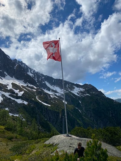 The image depicts a high-altitude mountain landscape under a partly cloudy sky, featuring the Swiss national flag. The scene is located in the vicinity of Innertkirchen, Switzerland.

In the upper portion of the frame, a dynamic sky exhibits a mixture of fluffy white and grey clouds against patches of bright blue. Directly beneath the sky, a prominent mountain range dominates the midground, characterized by rugged, dark grey rock faces. Patches of white snow are visible on the slopes, particularly in crevices and higher elevations, interspersed with areas of dark green vegetation, indicating coniferous trees or dense scrub.

To the right of the central axis, a tall, grey metallic flagpole stands anchored to a large, light grey rock in the foreground. The red Swiss flag, adorned with a white cross, is attached to the pole and unfurls towards the left, caught by a breeze.

The foreground consists of a rocky, uneven terrain covered with various types of green vegetation. This includes areas of short green grass, dense low-lying bushes, and several small pine-like trees with green needles. Towards the bottom right, partially obscured by foreground foliage, a person is visible. This individual appears to be a male with light skin, short brown hair, and a beard, wearing a dark-colored long-sleeved shirt. He is positioned on a rock, looking downwards, with his torso and head visible above the vegetation. The distant mountains recede into the background, hinting at further alpine terrain.