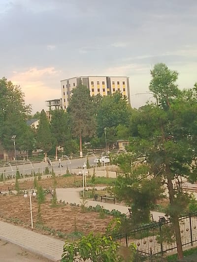 This image captures an outdoor scene in the city of Balkh, Tajikistan, on an overcast day with soft, diffused light, possibly indicating early morning or late afternoon. A multi-story building with a light-colored facade and yellow window accents dominates the background, suggesting it's a modern structure, perhaps an administrative or residential complex. In the middle ground, several trees with lush green foliage are scattered across the landscape, some appearing to be cypress trees given their conical shape. A paved pathway with benches and decorative lampposts indicates a park or public walkway area. A white vehicle is visible on a road, and a few individuals are walking or cycling, engaged in casual activity. The foreground shows more greenery and a paved walkway, leading towards a black metal fence. The overall impression is one of a well-maintained urban green space.