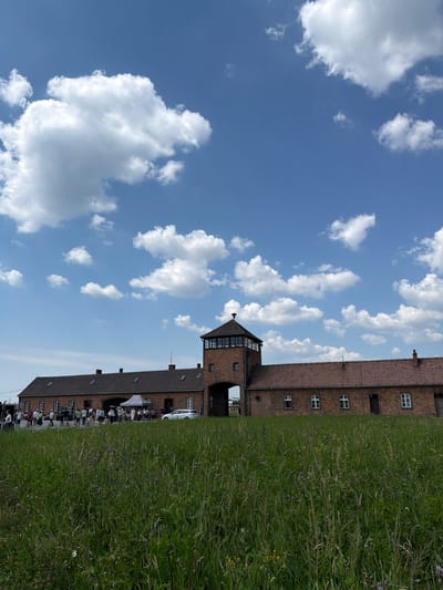 The image shows a group of people gathered in front of a brick building with a brown tiled roof. The building has several windows and appears to be an old structure, possibly historical. A tall, dark tower with windows stands next to the building. The scene is outdoors, with a grassy area in the foreground and a bright blue sky with white clouds in the background. The lighting suggests it is daytime, likely sunny. The people are standing in a line, facing the building or looking in the same direction, indicating a guided tour or a gathering. The overall atmosphere seems solemn and reflective, given the historical context of Brzezinka, Poland, which is commonly associated with the Auschwitz-Birkenau Memorial and Museum. There is no visible text in the image.