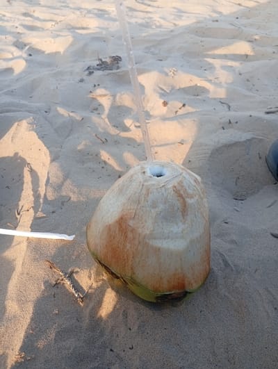 A partially de-husked, light beige and green coconut rests on fine-grained, light beige sand. A clear plastic drinking straw is inserted vertically into a circular aperture at the top of the coconut. To the immediate left of the coconut, a white plastic straw lies horizontally on the sand, bent at an approximate 30-degree angle. Scattered small pieces of organic debris are visible on the sand, which displays minor undulations. Long shadows are cast from the coconut and other small objects, consistent with a low sun angle. A dark blue object, possibly footwear, is partially visible in the upper right quadrant of the image. The scene is situated on a beach in Shella ward, Kenya. No individuals are present.