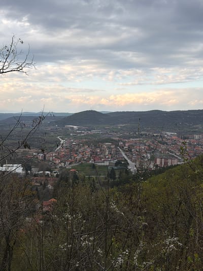 A landscape view from an elevated position captures the city of Bratsigovo, Bulgaria, set against a backdrop of a partly cloudy sky tinged with warm tones. The scene is dominated by a dense, tree-covered hillside to the right and in the foreground, framing a broader view of the town and surrounding landscape. The cityscape is compact, with tightly packed buildings featuring red roofs, which stand in contrast to the greenery. A main road cuts through the town. The sky is a mix of light and dark clouds.