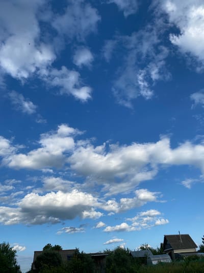 This is a vertical, eye-level, outdoor shot looking up at a partly cloudy blue sky. In the distance, on the right side of the frame, are the tops of some buildings and trees. The buildings appear to be residential or possibly industrial, with peaked roofs and some pipes protruding from them. The trees are lush and green, suggesting it is summertime. The clouds are scattered, some appearing wispy and others more dense and white, with some darker gray areas indicating they may be carrying rain. The lighting suggests it is daytime, likely late afternoon or early evening, due to the angle of the sun and the shadows cast. There are no people or animals clearly visible in the frame. A small dark object, possibly a bird or a distant drone, is visible in the sky. The overall impression is one of a rural or semi-rural setting on a pleasant but potentially changeable day.