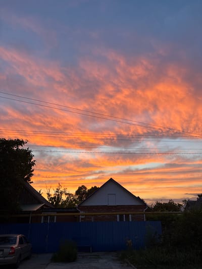 The image captures a vibrant sunset over a residential area in Novy, Russia. The sky is a dramatic display of orange and pink clouds, streaked horizontally and illuminated by the setting sun. Power lines crisscross the sky, silhouetted against the colorful backdrop. Below the sky, the rooftops of houses are visible, along with trees and a blue metal fence. A light-colored sedan is parked on the left side of the frame. The scene appears to be a quiet evening in a suburban or rural setting.
