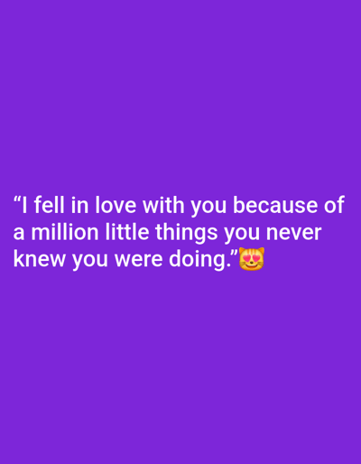 The image displays white text on a vibrant, solid purple background. The text, presented in a clear sans-serif font, reads: "I fell in love with you because of a million little things you never knew you were doing." Following the closing quotation mark, a smiling cat emoji with heart-shaped eyes is included.

The composition is minimalist and abstract, with the text serving as the primary subject, centered within the frame. There are no people, objects, or a discernable physical scene depicted. The uniform purple background, resembling a deep violet or magenta hue, provides a stark contrast to the white lettering. The overall tone conveyed by the message and the heart-eyed cat emoji is one of profound affection, admiration, and love. There are no specific cues regarding time of day, weather, or a particular setting. While the location context is Zavoy, Bulgaria, the image itself does not contain any visual elements related to this geographical area.