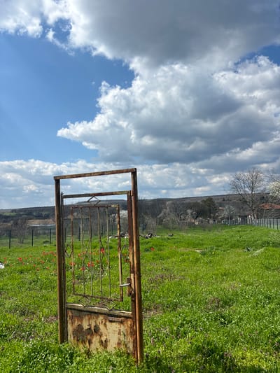 A rusty, weathered metal gate stands open in a grassy field, likely in a rural setting near Makariopolsko, Bulgaria. The sky above is partly cloudy, with patches of blue sky visible. The grass is green and speckled with red tulips and other wildflowers. In the background, a wooded area stretches along a hillside. The gate's rusted appearance suggests it is old and infrequently used. Two magpies appear to be in the middle ground of the image.