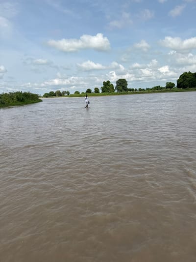 A person is wading in a wide, muddy river under a cloudy sky. The person is wearing a white shirt and dark shorts, with a blue bag slung over their shoulder. They appear to be walking towards the left side of the frame. The riverbanks are lined with lush green vegetation and trees. The water has ripples and appears to be flowing. The scene is set in the city of Kunini, Nigeria.