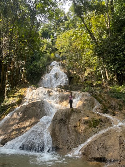 A scenic waterfall cascading over rocky terrain amidst lush greenery. Sunlight illuminates the flowing water, creating a shimmering effect. A woman stands on a large rock formation near the waterfall's edge, seemingly observing the natural beauty. The surrounding trees provide a dense canopy, contrasting with the open space of the waterfall. The water flows down the rocks in multiple streams and rapids.