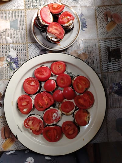 A close-up, top-down shot captures a rustic table setting featuring two plates of food. The upper plate, smaller and white with a gold rim, holds several stacked appetizers. Each appetizer consists of a slice of dark eggplant topped with a white creamy substance and a slice of vibrant red tomato. The lower plate, larger and white with a black rim, is filled with more of these appetizers, all featuring eggplant, cream, and tomato slices. The table itself is covered with a patterned tablecloth. The setting appears to be indoors, possibly a kitchen or dining area, in Жернов ауылдық округі, Kazakhstan, given the context of the query, though there are no specific indicators in the image itself to confirm this exact location. The lighting is natural, casting soft shadows.