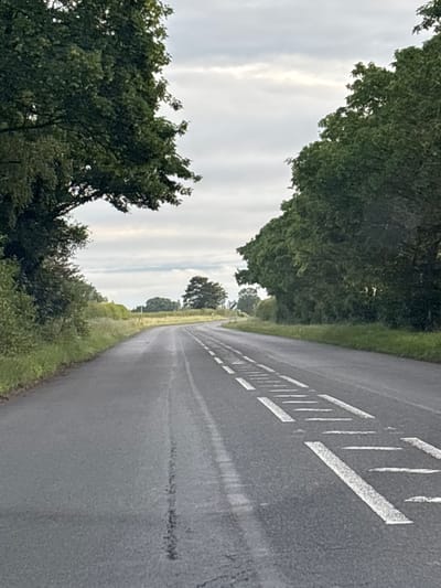 The image depicts a rural road in South Staffordshire, United Kingdom. The road is asphalt and shows signs of being wet, with faint tire tracks visible. White dashed lines demarcate the lanes. Lush green trees line both sides of the road, with dense foliage obscuring the landscape beyond. The sky is overcast with diffused light, suggesting a cloudy day. In the distance, a few trees stand in a field, and what appears to be a small building or structure is visible on the left side of the road, nestled amongst the trees. The overall scene conveys a sense of quietness and the natural beauty of the countryside.
